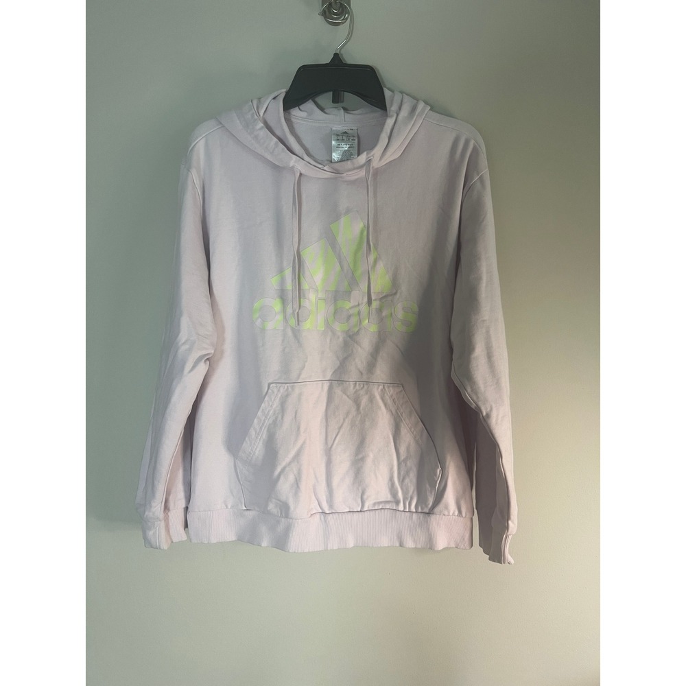 Adidas Womens Light Pink Zebra Logo Pullover Hoodie Sweatshirt Neon Yellow L